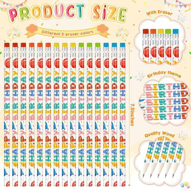 Alt view image 2 of 6 - 600 Pcs Happy Birthday Pencils Bulk for Students Classroom Back School Birthday Gifts Colorful Printed with Top Erasers Suitable for Teachers Class Reward Kids Party Supplies