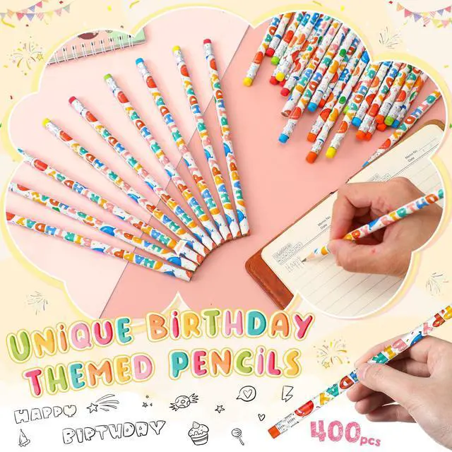 Alt view image 3 of 6 - 600 Pcs Happy Birthday Pencils Bulk for Students Classroom Back School Birthday Gifts Colorful Printed with Top Erasers Suitable for Teachers Class Reward Kids Party Supplies