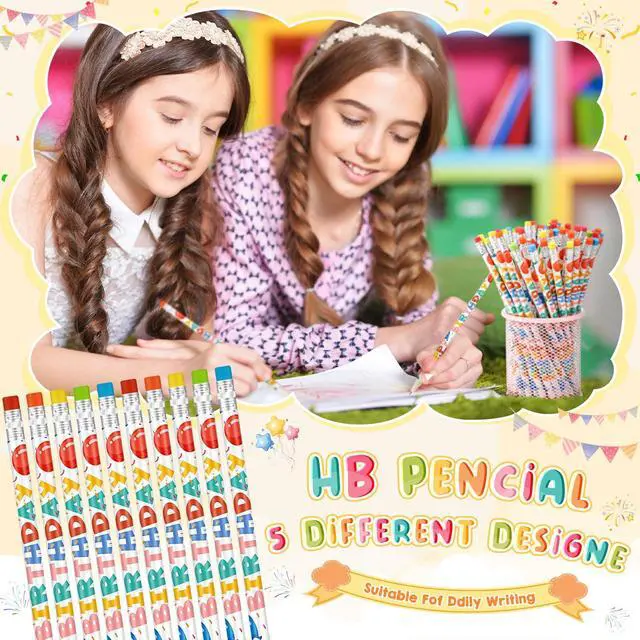 Alt view image 4 of 6 - 600 Pcs Happy Birthday Pencils Bulk for Students Classroom Back School Birthday Gifts Colorful Printed with Top Erasers Suitable for Teachers Class Reward Kids Party Supplies