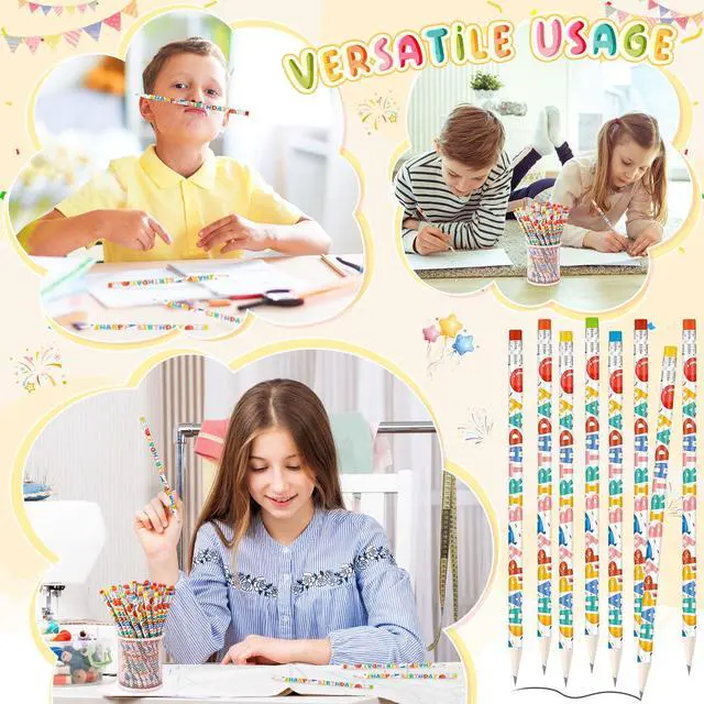 Alt view image 5 of 6 - 600 Pcs Happy Birthday Pencils Bulk for Students Classroom Back School Birthday Gifts Colorful Printed with Top Erasers Suitable for Teachers Class Reward Kids Party Supplies