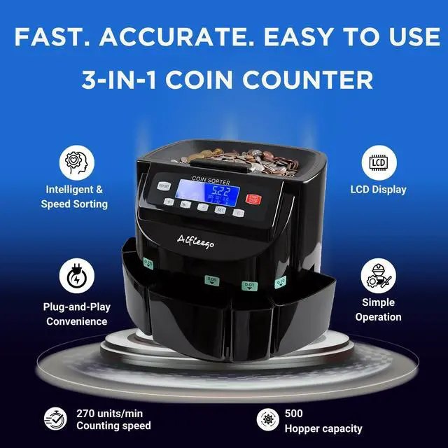 Alt view image 2 of 6 - Coin Counter Sorter Wrapper Machine,Counting Wrapping US Change (A Black) | 3 In 1 Electric Coin Sorter Machine, Change Counter for US Coins, Fast Counting, Sorting,Wrapping with LCD, 50 Coin Wrappers