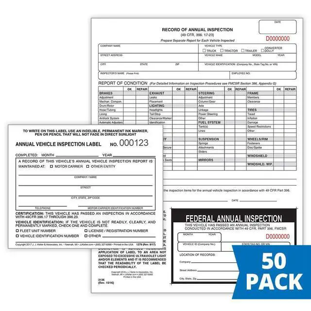 Alt view image 2 of 6 - J. J. Keller 50-Pack, Record of Annual Inspection Form with Inspection Label & Prenumbered Vinyl Adhesive Label 2-Ply, 2-Ply Carbonless Form, DOT Compliant