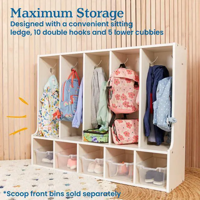 Alt view image 4 of 6 - Streamline 5-Section Toddler Coat Locker with Bench, Classroom Furniture, White Wash