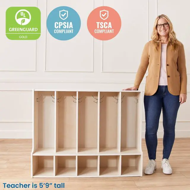 Alt view image 5 of 6 - Streamline 5-Section Toddler Coat Locker with Bench, Classroom Furniture, White Wash