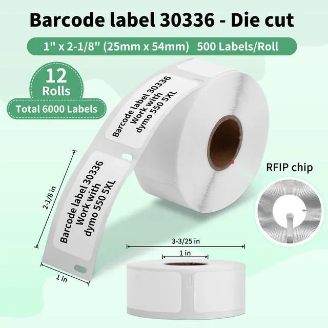 Alt view image 2 of 6 - 12 Rolls Compatible with Dymo Labelwriter 550 Label 30336 (1" x 2-1/8") | 500/ Roll, 25 x 54mm, Work with Label Writer 550, 5XL, 450 Desktop Printers, Chip included, Multipurpose Barcode Labels