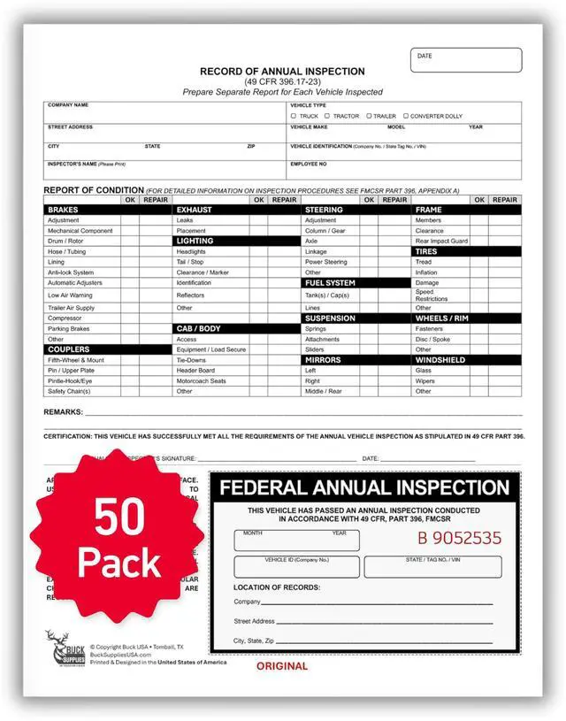 Main image of 50 Pack 2-Ply Carbonless Record of Annual Inspection Forms with Inspection Decal, DOT Inspection Forms and Stickers, Shrink-Wrapped, 9.5" x 11", Meets 49 CFR 396.21 & 396.17(c)(2) - Made in The USA