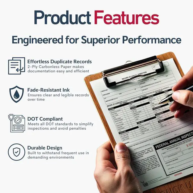 Alt view image 2 of 6 - 50 Pack 2-Ply Carbonless Record of Annual Inspection Forms with Inspection Decal, DOT Inspection Forms and Stickers, Shrink-Wrapped, 9.5" x 11", Meets 49 CFR 396.21 & 396.17(c)(2) - Made in The USA