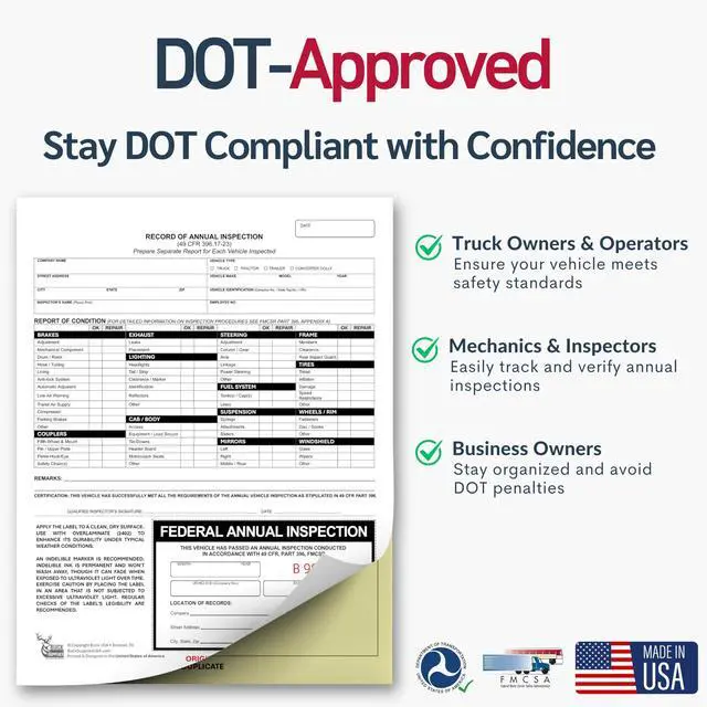 Alt view image 3 of 6 - 50 Pack 2-Ply Carbonless Record of Annual Inspection Forms with Inspection Decal, DOT Inspection Forms and Stickers, Shrink-Wrapped, 9.5" x 11", Meets 49 CFR 396.21 & 396.17(c)(2) - Made in The USA