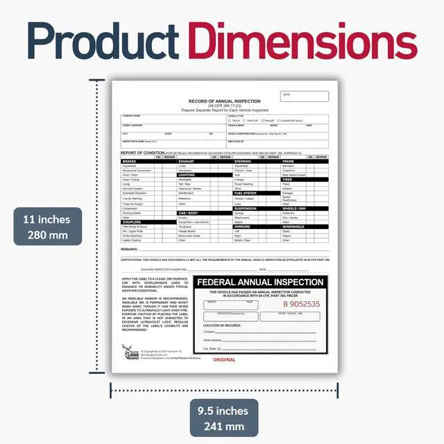 Alt view image 6 of 6 - 50 Pack 2-Ply Carbonless Record of Annual Inspection Forms with Inspection Decal, DOT Inspection Forms and Stickers, Shrink-Wrapped, 9.5" x 11", Meets 49 CFR 396.21 & 396.17(c)(2) - Made in The USA
