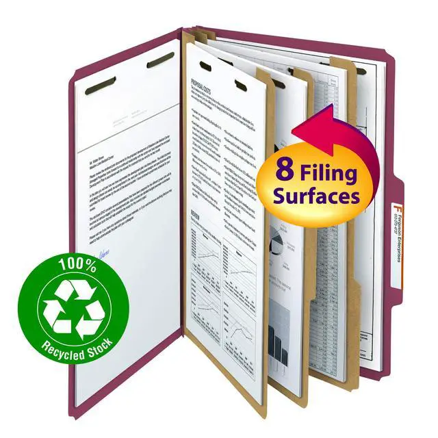 Main image of 100% Recycled Pressboard Classification File Folder, 3 Dividers, 3" Expansion, Legal Size, Red, 10 per Box (19099)