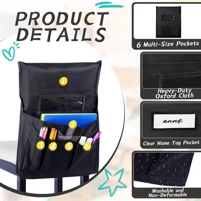 Alt view image 3 of 6 - 24 Pcs Thicken Chair Pockets for Classroom, Chair Pocket Chart, Chart Seat Back Organizer Bulk with Name Tag, Classroom Organization Essentials for School Christmas Student Gift(Black)