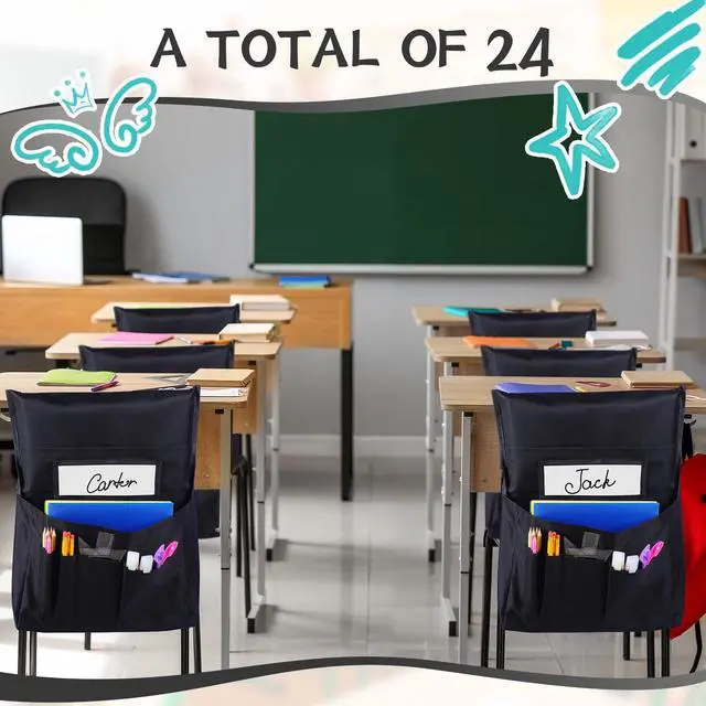 Alt view image 4 of 6 - 24 Pcs Thicken Chair Pockets for Classroom, Chair Pocket Chart, Chart Seat Back Organizer Bulk with Name Tag, Classroom Organization Essentials for School Christmas Student Gift(Black)