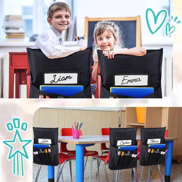 Alt view image 5 of 6 - 24 Pcs Thicken Chair Pockets for Classroom, Chair Pocket Chart, Chart Seat Back Organizer Bulk with Name Tag, Classroom Organization Essentials for School Christmas Student Gift(Black)