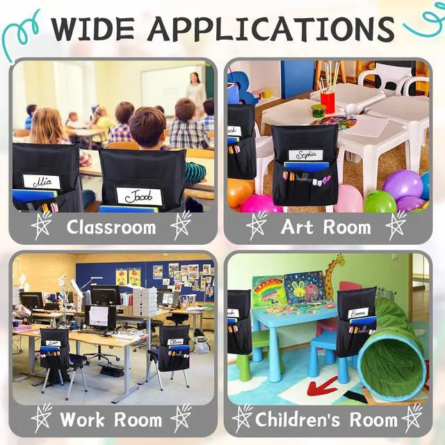 Alt view image 6 of 6 - 24 Pcs Thicken Chair Pockets for Classroom, Chair Pocket Chart, Chart Seat Back Organizer Bulk with Name Tag, Classroom Organization Essentials for School Christmas Student Gift(Black)
