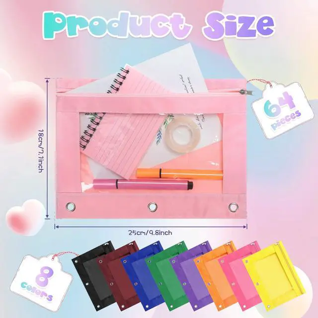 Alt view image 2 of 6 - 64 Pack Pencil Pouch Bulk for 3 Ring Binder, Pencil Case with Zipper and Clear Window 8 Assorted Color Storage Bag for Office, Back to School Classroom Supplies