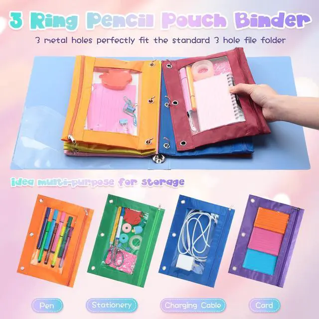 Alt view image 4 of 6 - 64 Pack Pencil Pouch Bulk for 3 Ring Binder, Pencil Case with Zipper and Clear Window 8 Assorted Color Storage Bag for Office, Back to School Classroom Supplies