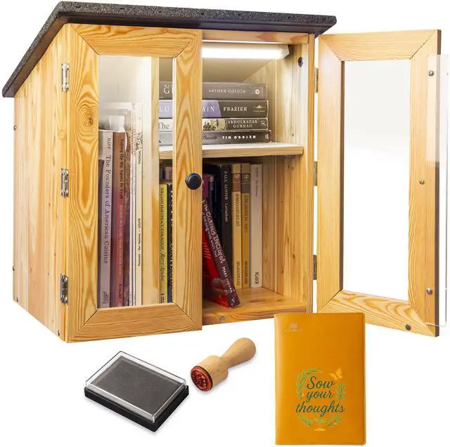 Main image of Little Library Box Outdoor with LED Lights, Larch Wood, Waterproof | Accessories, adjustable shelves & assembly kit. Community lending box, asphalt roof. For neighborhoods, schools, book sharing