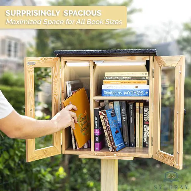 Alt view image 2 of 6 - Little Library Box Outdoor with LED Lights, Larch Wood, Waterproof | Accessories, adjustable shelves & assembly kit. Community lending box, asphalt roof. For neighborhoods, schools, book sharing