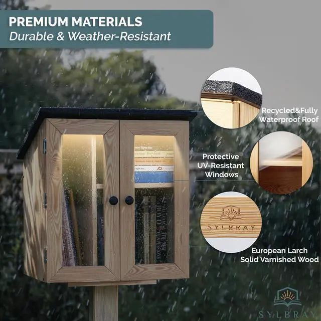 Alt view image 3 of 6 - Little Library Box Outdoor with LED Lights, Larch Wood, Waterproof | Accessories, adjustable shelves & assembly kit. Community lending box, asphalt roof. For neighborhoods, schools, book sharing
