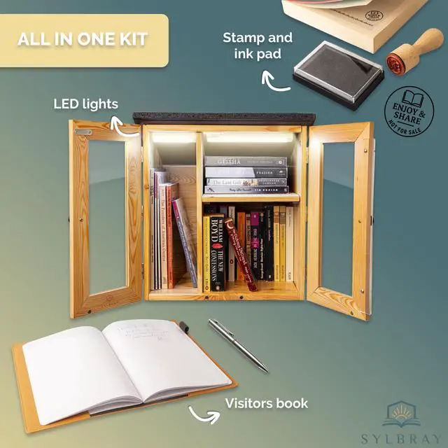 Alt view image 4 of 6 - Little Library Box Outdoor with LED Lights, Larch Wood, Waterproof | Accessories, adjustable shelves & assembly kit. Community lending box, asphalt roof. For neighborhoods, schools, book sharing