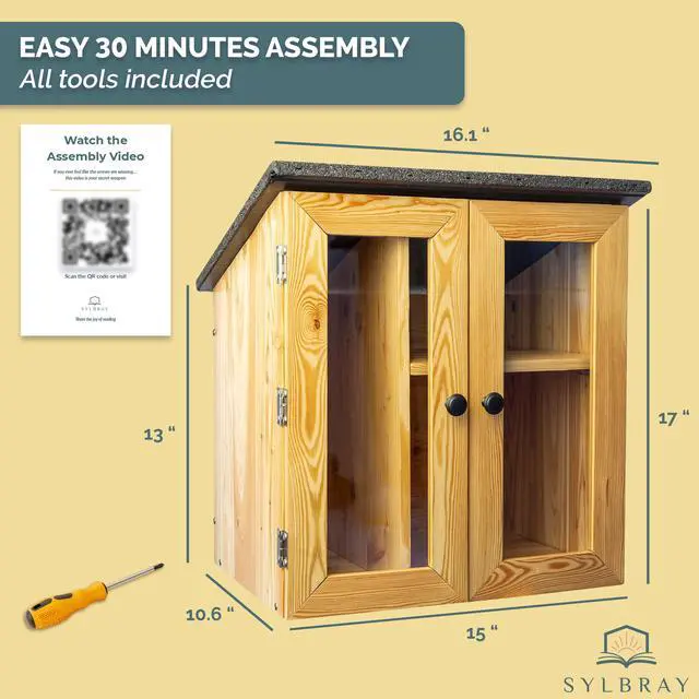 Alt view image 5 of 6 - Little Library Box Outdoor with LED Lights, Larch Wood, Waterproof | Accessories, adjustable shelves & assembly kit. Community lending box, asphalt roof. For neighborhoods, schools, book sharing