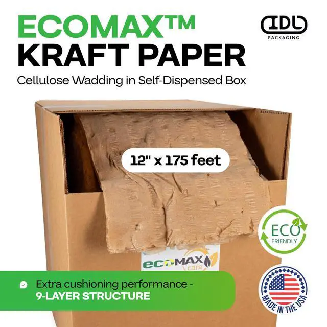 Alt view image 2 of 6 - 12" x 175' EcoMax Kraft Paper Cellulose Wadding in Self-Dispensed Box - Cushioning Wrapping and Box Void Filling - Gentle Packing for Shipping, Moving, and Storing Fragile Items