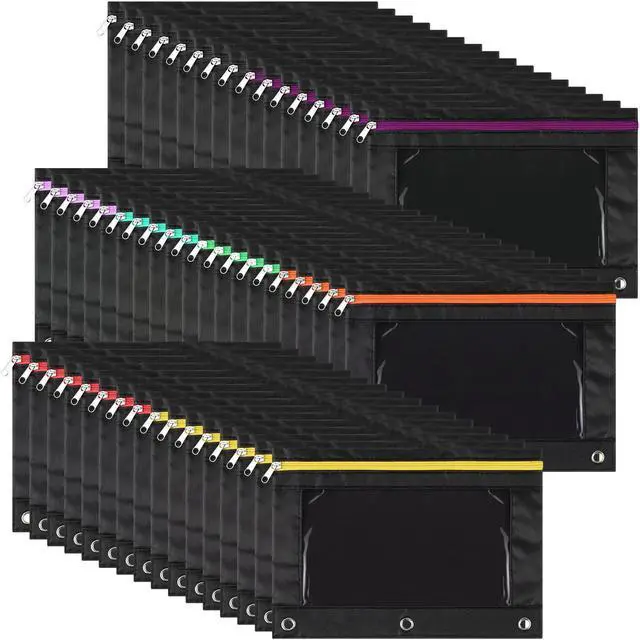 Main image of 64 Pack Black Pencil Pouch Bulk for 3 Ring Binder, Pencil Cases with Colored Zipper and Clear Window Storage Bag for Office, Back to School Classroom Supplies