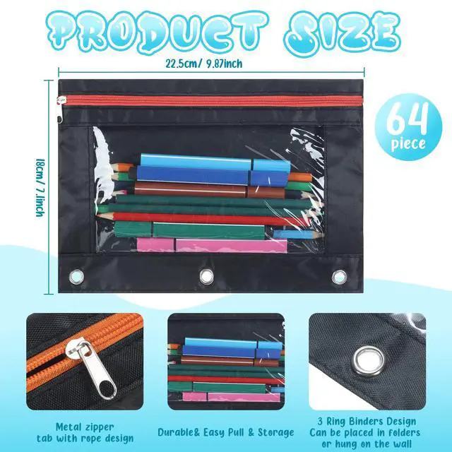 Alt view image 2 of 5 - 64 Pack Black Pencil Pouch Bulk for 3 Ring Binder, Pencil Cases with Colored Zipper and Clear Window Storage Bag for Office, Back to School Classroom Supplies