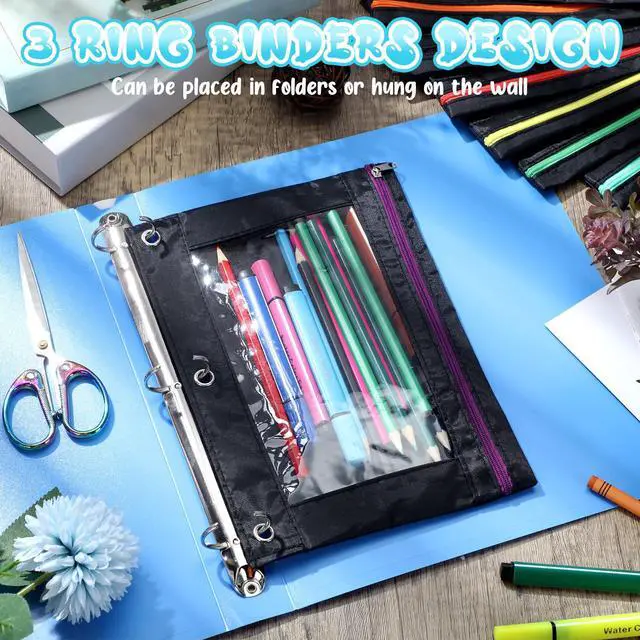 Alt view image 4 of 5 - 64 Pack Black Pencil Pouch Bulk for 3 Ring Binder, Pencil Cases with Colored Zipper and Clear Window Storage Bag for Office, Back to School Classroom Supplies