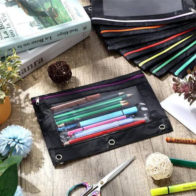 Alt view image 5 of 5 - 64 Pack Black Pencil Pouch Bulk for 3 Ring Binder, Pencil Cases with Colored Zipper and Clear Window Storage Bag for Office, Back to School Classroom Supplies