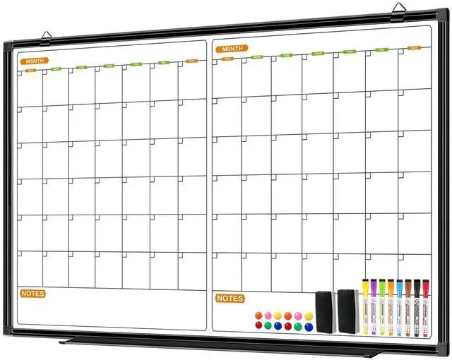 Main image of 2 Month Whiteboard Dry Erase Calendar for Wall, 36" X 24" | Magnetic Calendar Whiteboard for Wall, Wall Hanging Aluminum Frame with Tray for Home, School, Office Planning, Memo