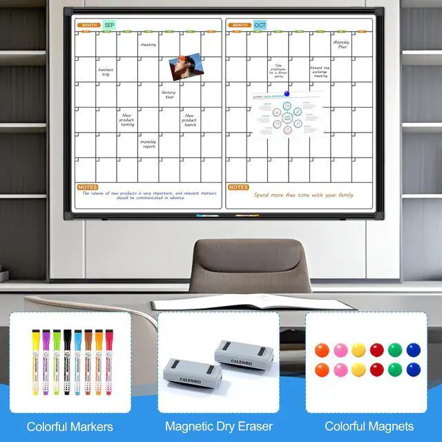 Alt view image 2 of 6 - 2 Month Whiteboard Dry Erase Calendar for Wall, 36" X 24" | Magnetic Calendar Whiteboard for Wall, Wall Hanging Aluminum Frame with Tray for Home, School, Office Planning, Memo