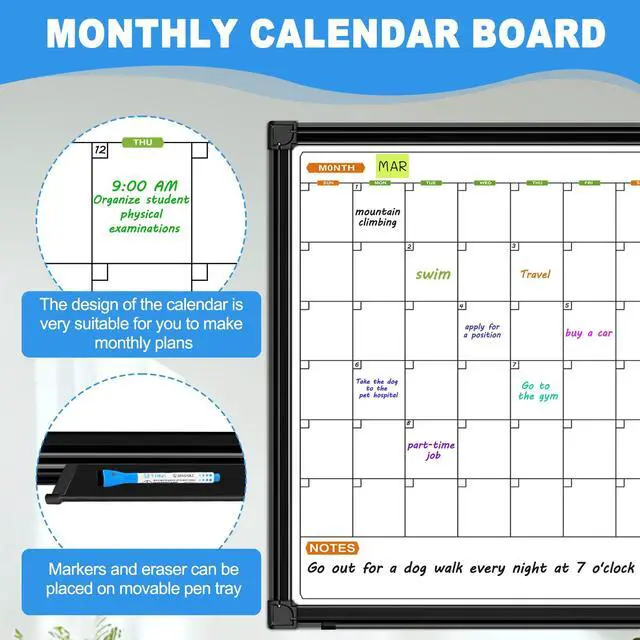 Alt view image 3 of 6 - 2 Month Whiteboard Dry Erase Calendar for Wall, 36" X 24" | Magnetic Calendar Whiteboard for Wall, Wall Hanging Aluminum Frame with Tray for Home, School, Office Planning, Memo