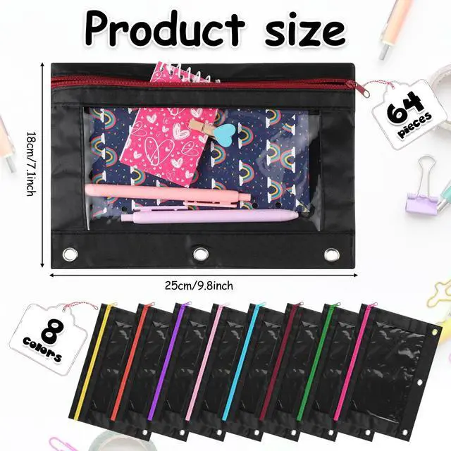 Alt view image 2 of 6 - 64 Pack Black Pencil Pouch Bulk for 3 Ring Binder, Pencil Case with Colored Zipper and Clear Window Storage Bag for Office, Back to School Classroom Supplies