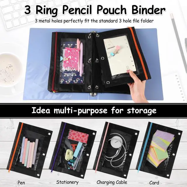 Alt view image 3 of 6 - 64 Pack Black Pencil Pouch Bulk for 3 Ring Binder, Pencil Case with Colored Zipper and Clear Window Storage Bag for Office, Back to School Classroom Supplies