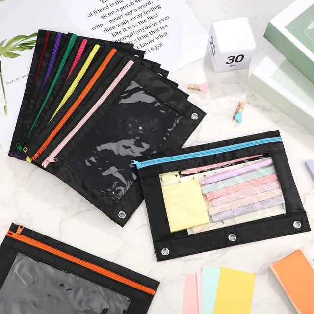 Alt view image 5 of 6 - 64 Pack Black Pencil Pouch Bulk for 3 Ring Binder, Pencil Case with Colored Zipper and Clear Window Storage Bag for Office, Back to School Classroom Supplies