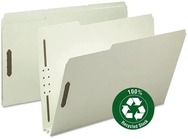 Main image of Pressboard Fastener File Folder, 2 Fasteners, 1/3-Cut Tab, 2" Expansion, Legal Size, Gray/Green, 25 per Box (20004)