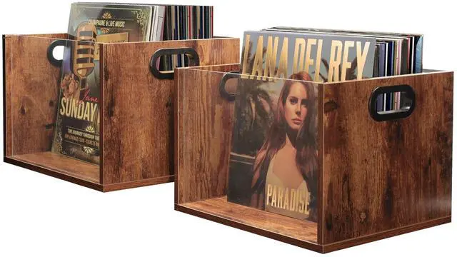 Main image of Vinyl Record Storage Crate 2 Pack, Holds up To 60 LPs, Album Visible Storage Box with Acrylic Front, Handle, Wooden Multi-Purpose Organizer for Records, Magazines and Books, Desktop and Home Office