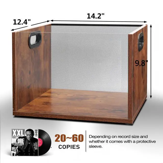 Alt view image 2 of 6 - Vinyl Record Storage Crate 2 Pack, Holds up To 60 LPs, Album Visible Storage Box with Acrylic Front, Handle, Wooden Multi-Purpose Organizer for Records, Magazines and Books, Desktop and Home Office