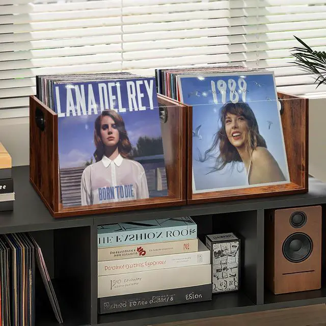 Alt view image 3 of 6 - Vinyl Record Storage Crate 2 Pack, Holds up To 60 LPs, Album Visible Storage Box with Acrylic Front, Handle, Wooden Multi-Purpose Organizer for Records, Magazines and Books, Desktop and Home Office