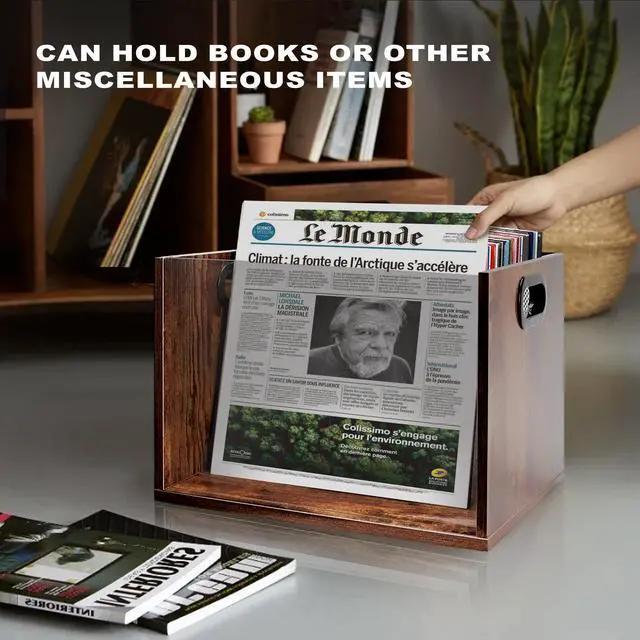 Alt view image 5 of 6 - Vinyl Record Storage Crate 2 Pack, Holds up To 60 LPs, Album Visible Storage Box with Acrylic Front, Handle, Wooden Multi-Purpose Organizer for Records, Magazines and Books, Desktop and Home Office