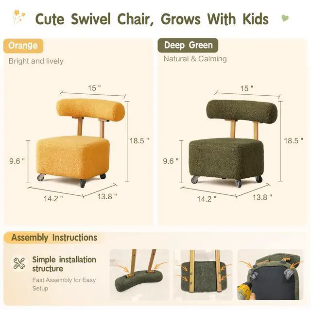 Alt view image 2 of 6 - Kids Chair, Rolling with Backrest, Green, 230lbs, Boucle, Teddy, 3-8 Years | Back Support, 230lbs Capacity, Boucle Desk Stool, Low Mobile Task Chair, Comfy Teddy Furry
