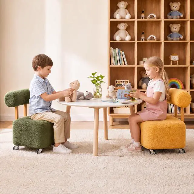 Alt view image 3 of 6 - Kids Chair, Rolling with Backrest, Green, 230lbs, Boucle, Teddy, 3-8 Years | Back Support, 230lbs Capacity, Boucle Desk Stool, Low Mobile Task Chair, Comfy Teddy Furry