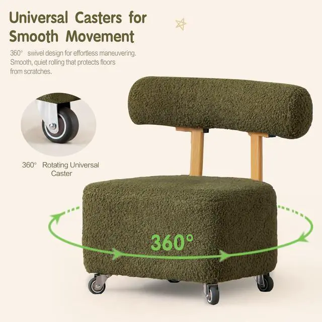 Alt view image 4 of 6 - Kids Chair, Rolling with Backrest, Green, 230lbs, Boucle, Teddy, 3-8 Years | Back Support, 230lbs Capacity, Boucle Desk Stool, Low Mobile Task Chair, Comfy Teddy Furry