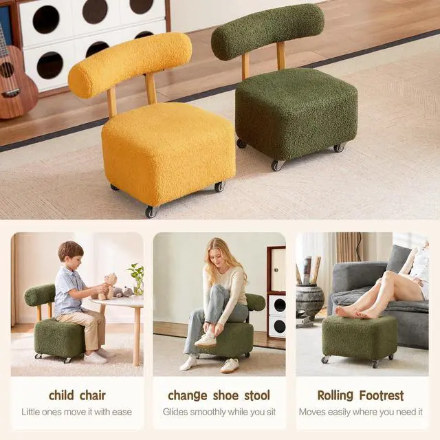 Alt view image 5 of 6 - Kids Chair, Rolling with Backrest, Green, 230lbs, Boucle, Teddy, 3-8 Years | Back Support, 230lbs Capacity, Boucle Desk Stool, Low Mobile Task Chair, Comfy Teddy Furry