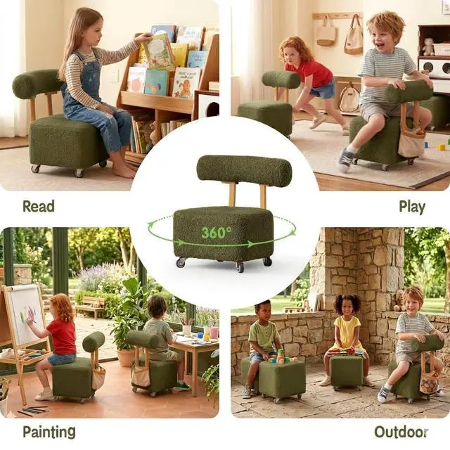 Alt view image 6 of 6 - Kids Chair, Rolling with Backrest, Green, 230lbs, Boucle, Teddy, 3-8 Years | Back Support, 230lbs Capacity, Boucle Desk Stool, Low Mobile Task Chair, Comfy Teddy Furry