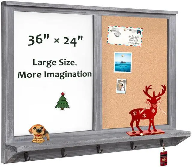 Main image of Large Dry Erase Board & Cork Board Combo,35.4"×23.6",Vintage Gray | Whiteboard & Bulletin Board Combo,Solid Pine Wood Frame,Wall-Mounted Mail Sorter & Key Hooks,Writing,Notes,Pinning Photos