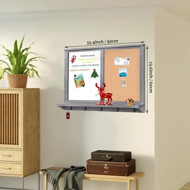 Alt view image 2 of 6 - Large Dry Erase Board & Cork Board Combo,35.4"×23.6",Vintage Gray | Whiteboard & Bulletin Board Combo,Solid Pine Wood Frame,Wall-Mounted Mail Sorter & Key Hooks,Writing,Notes,Pinning Photos