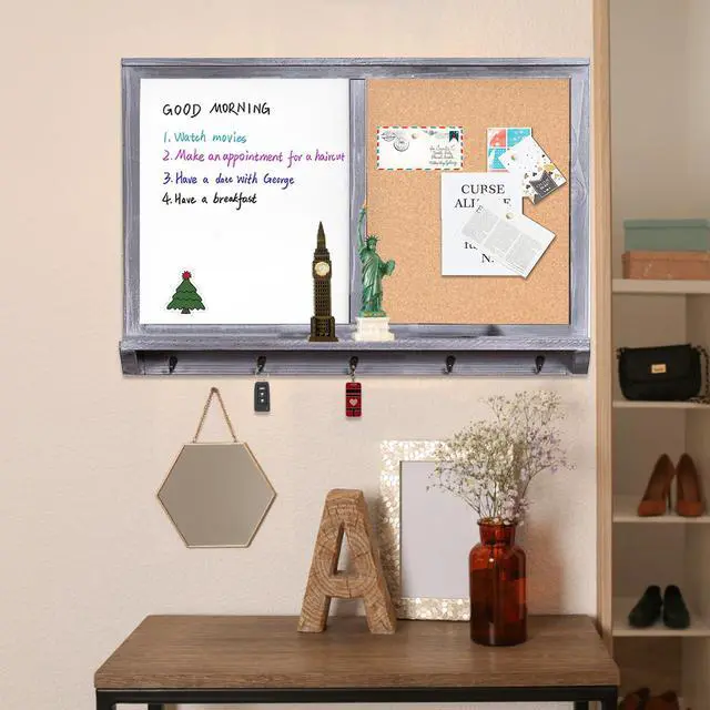 Alt view image 3 of 6 - Large Dry Erase Board & Cork Board Combo,35.4"×23.6",Vintage Gray | Whiteboard & Bulletin Board Combo,Solid Pine Wood Frame,Wall-Mounted Mail Sorter & Key Hooks,Writing,Notes,Pinning Photos