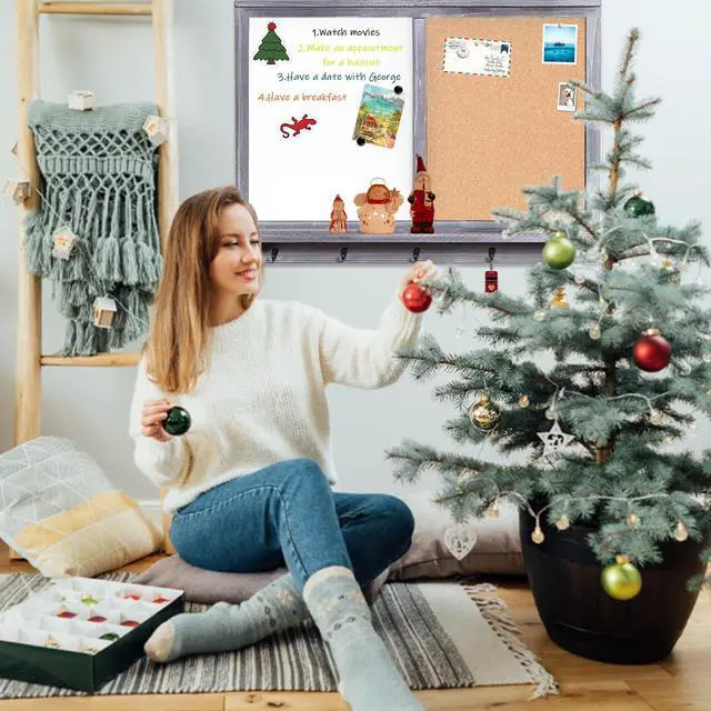 Alt view image 4 of 6 - Large Dry Erase Board & Cork Board Combo,35.4"×23.6",Vintage Gray | Whiteboard & Bulletin Board Combo,Solid Pine Wood Frame,Wall-Mounted Mail Sorter & Key Hooks,Writing,Notes,Pinning Photos